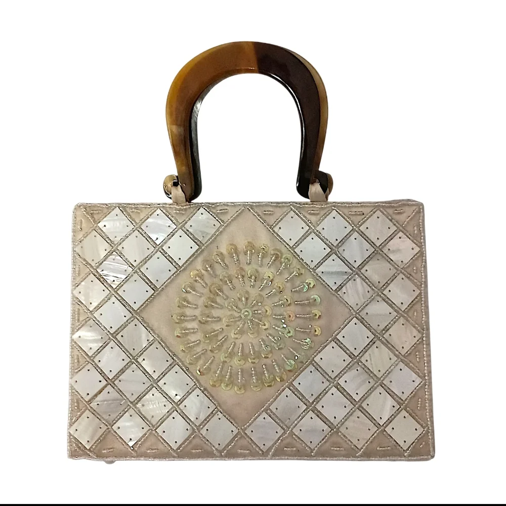 Mod by Design Mother of Pearl Mosaic Bag   Beaded Satin Lucite‎ Handles MCM Vtg